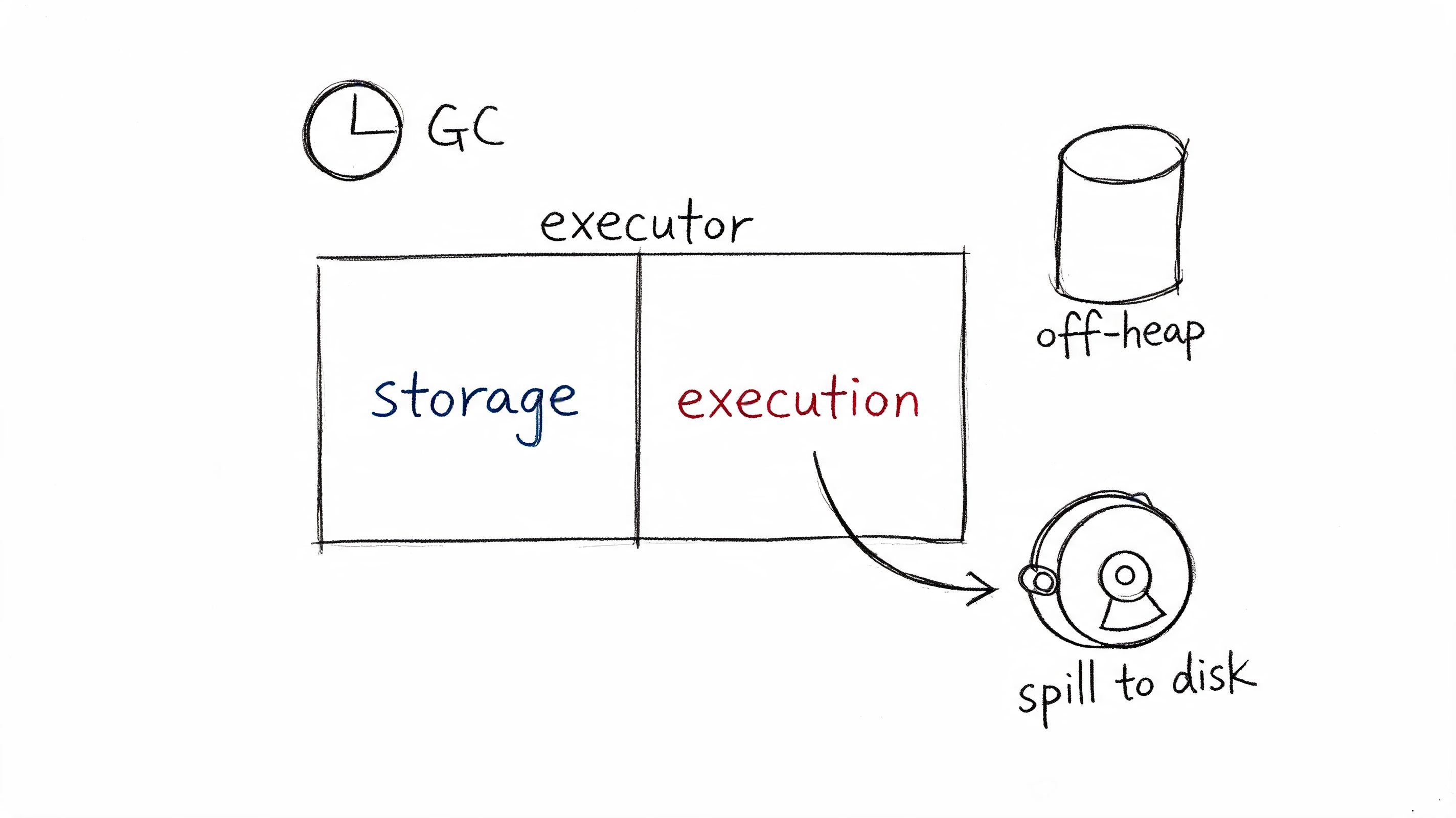 A diagram illustrating the spark executor memory management structure, featuring storage, execution, off-heap memory, and disk spilling.