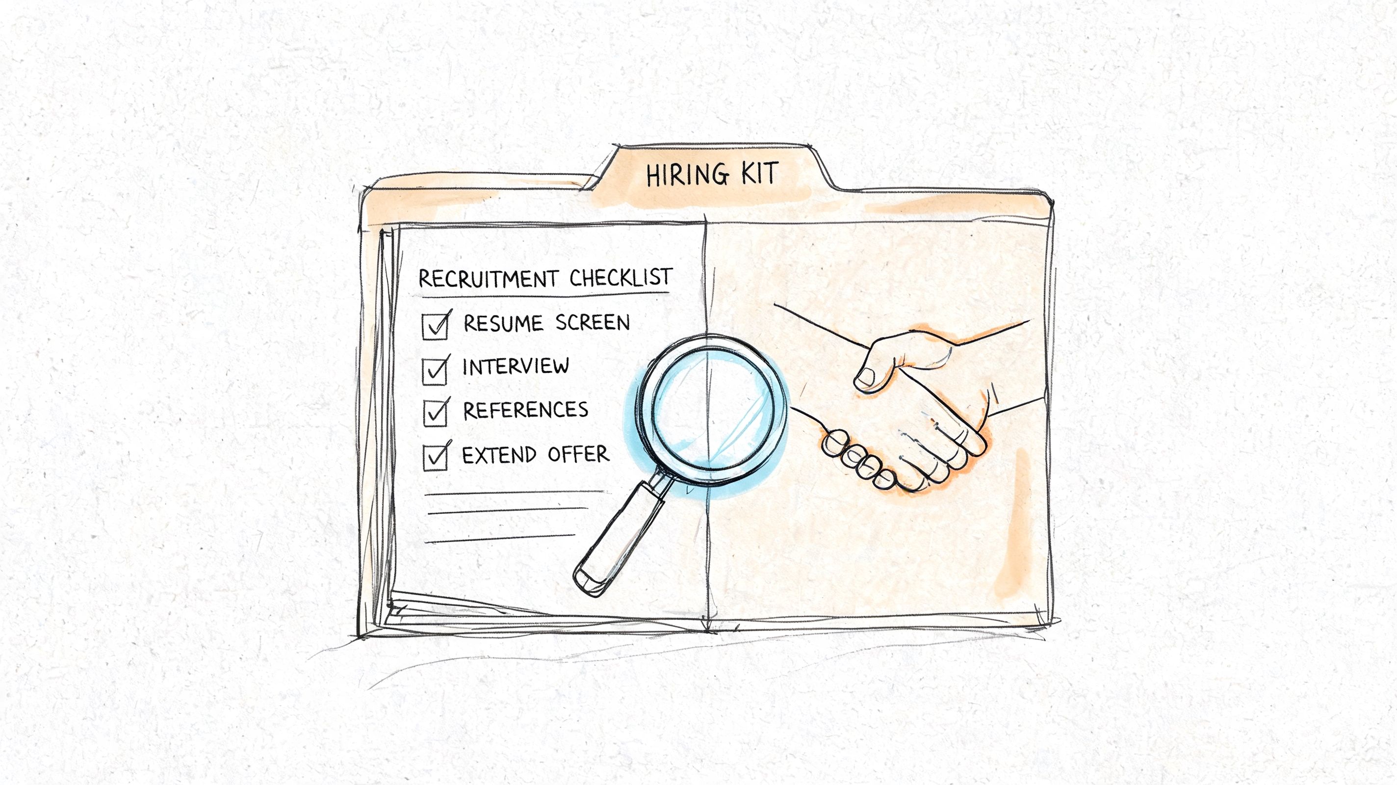 A hand-drawn illustration of a hiring kit folder featuring a completed recruitment checklist and a magnifying glass.