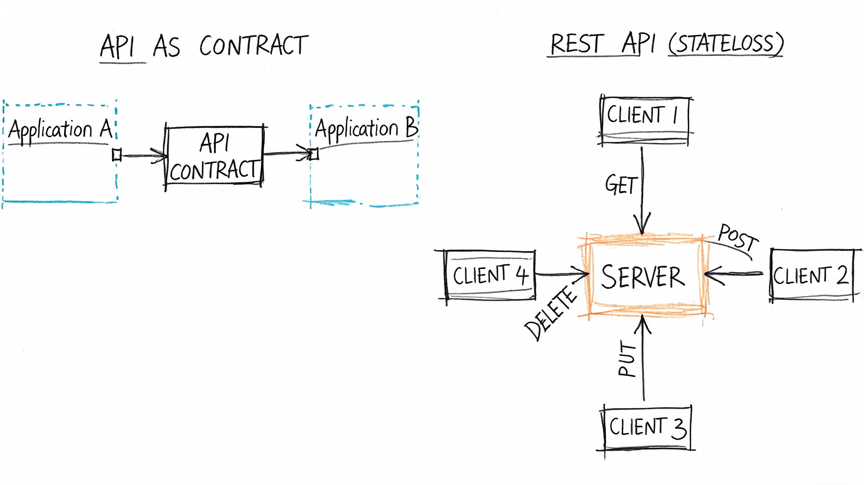 A hand-drawn diagram illustrating the differences between API as a contract and stateless REST API architecture.