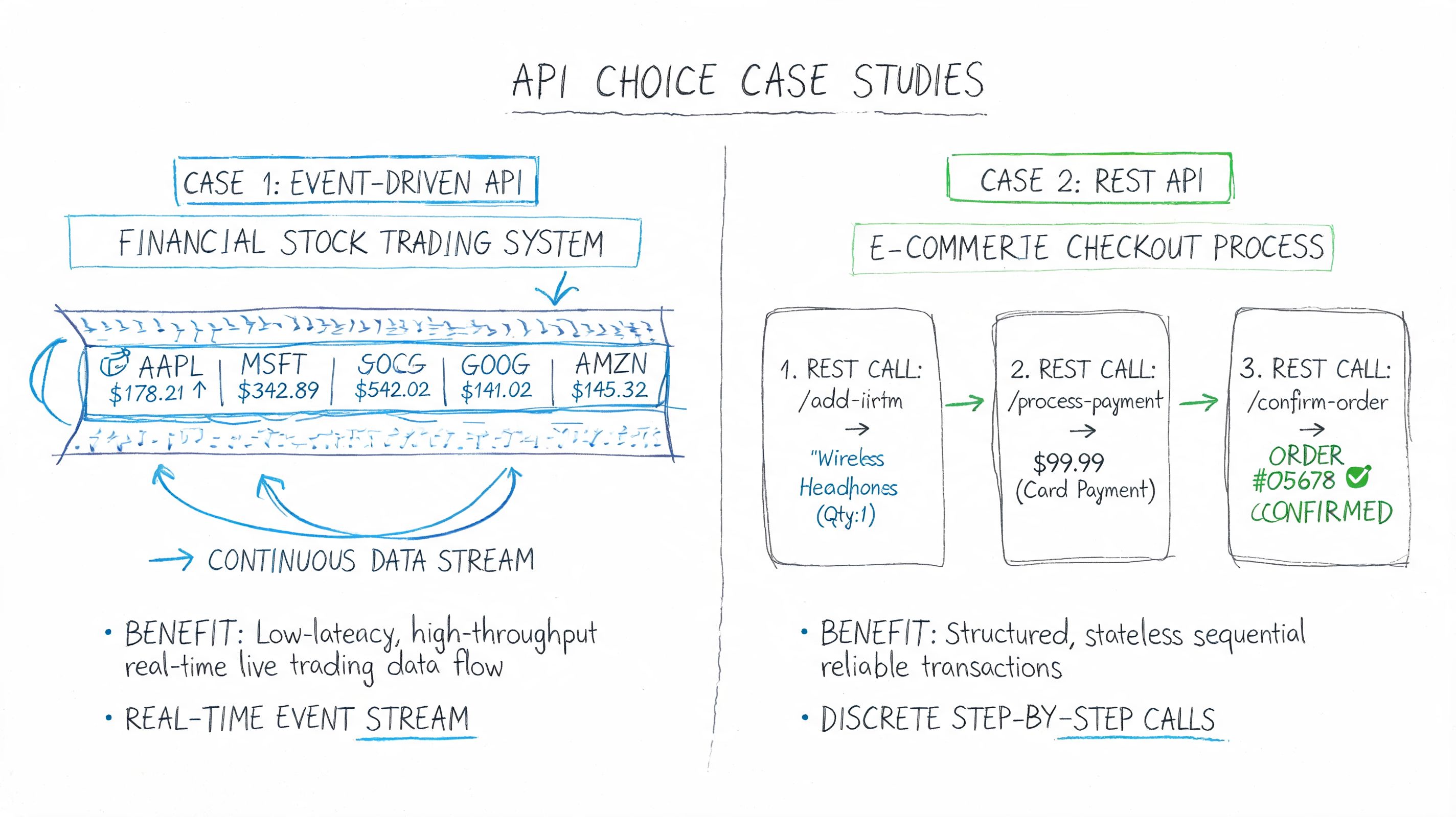 A diagram comparing event-driven APIs for stock trading with REST APIs for e-commerce checkout processes.