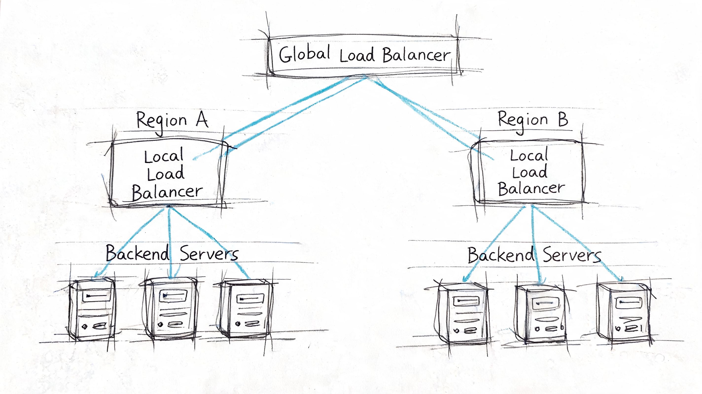 A diagram illustrating a global load balancing architecture with two regional local load balancers and backend servers.