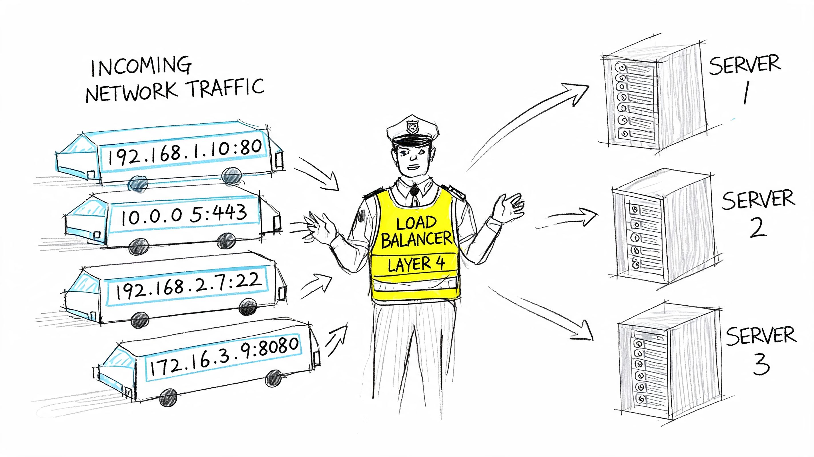 A hand-drawn illustration showing a traffic cop as a Layer 4 load balancer directing network packets.