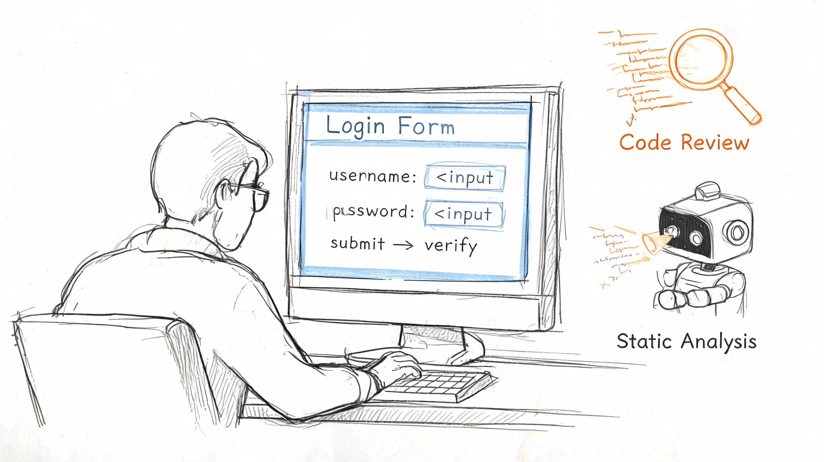 A person using a computer to review a login form, with icons for code review and static analysis.