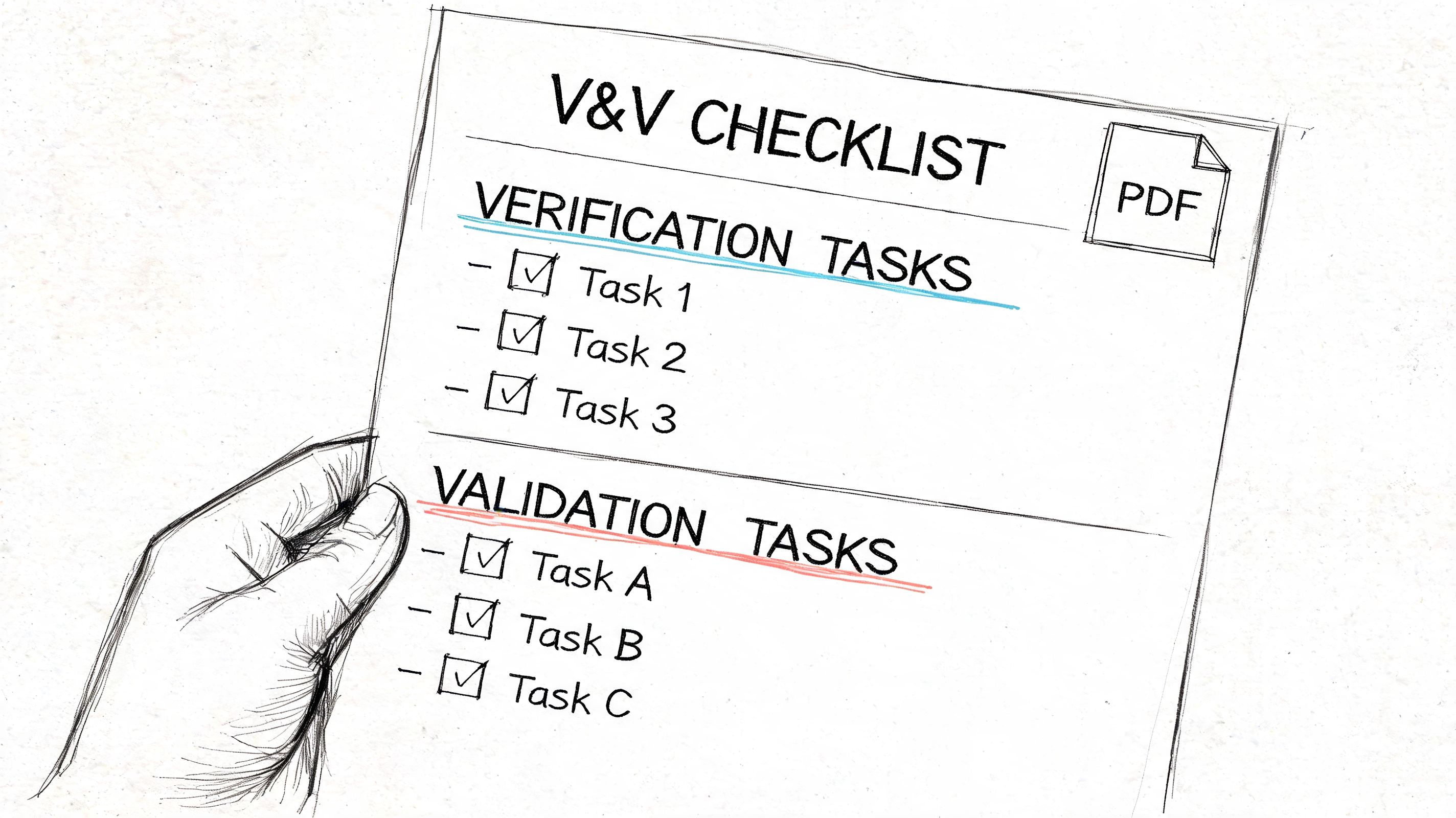 A hand holding a V&V checklist paper with completed tasks for verification and validation in software testing.