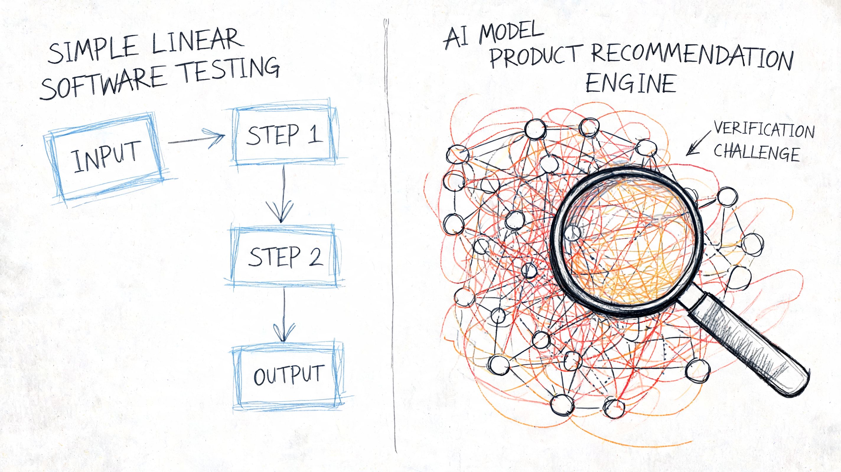 A hand-drawn comparison between simple linear software testing processes and complex AI model product recommendation engines.