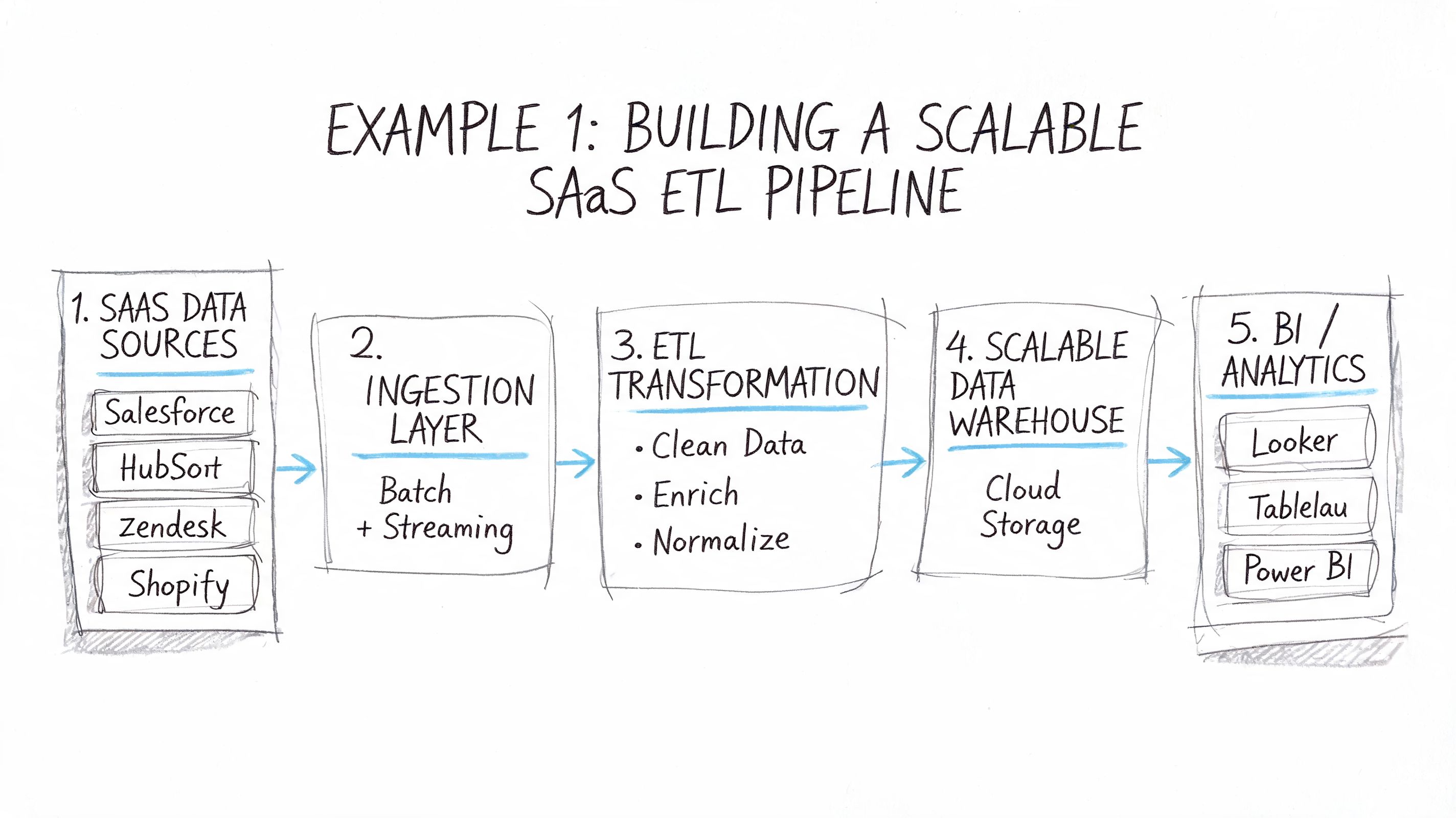 A hand-drawn flowchart illustrating the five steps of a scalable SaaS ETL data pipeline architecture.