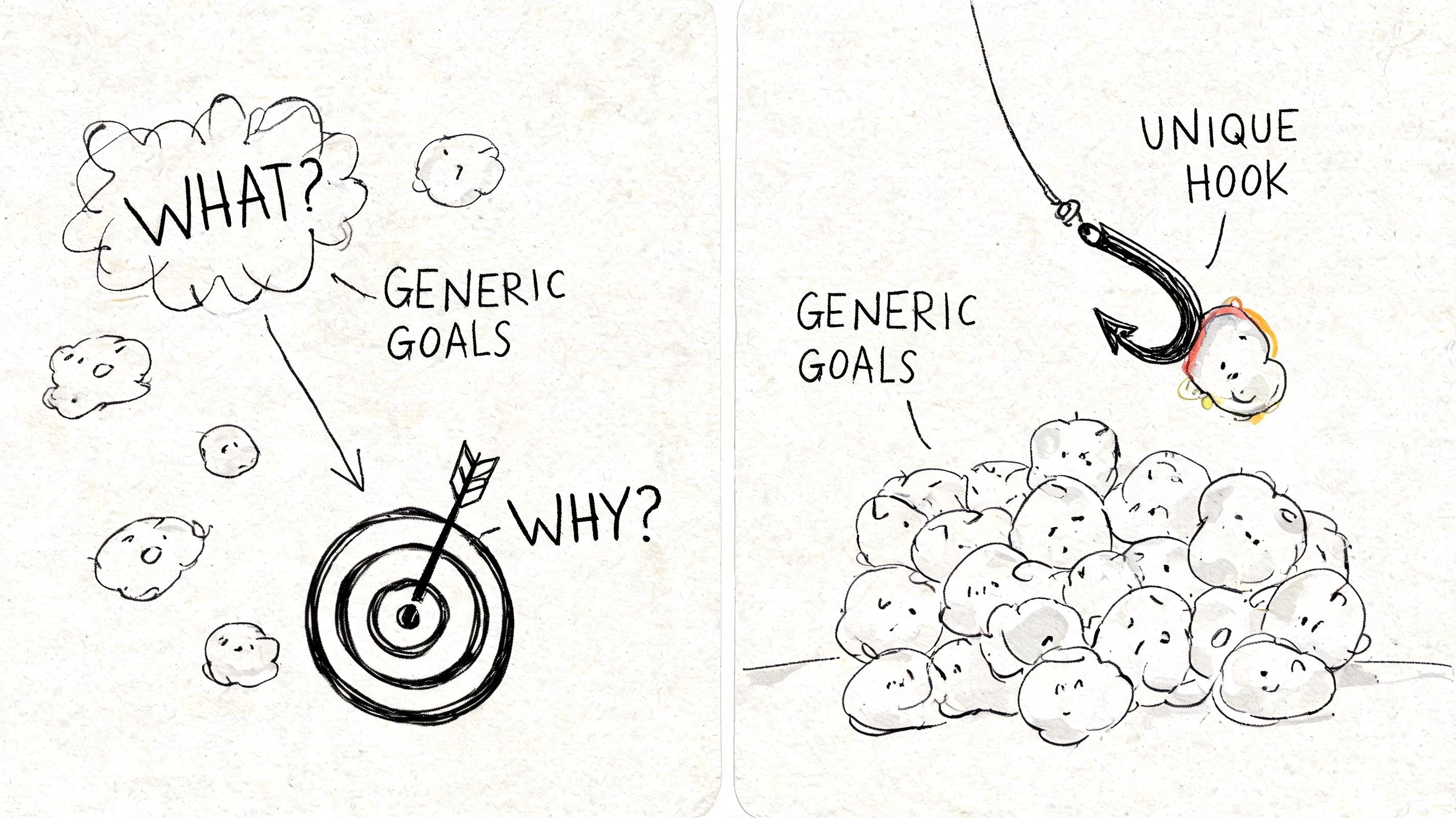 A two-panel illustration comparing generic goals with a targeted purpose versus using a unique hook to attract attention.