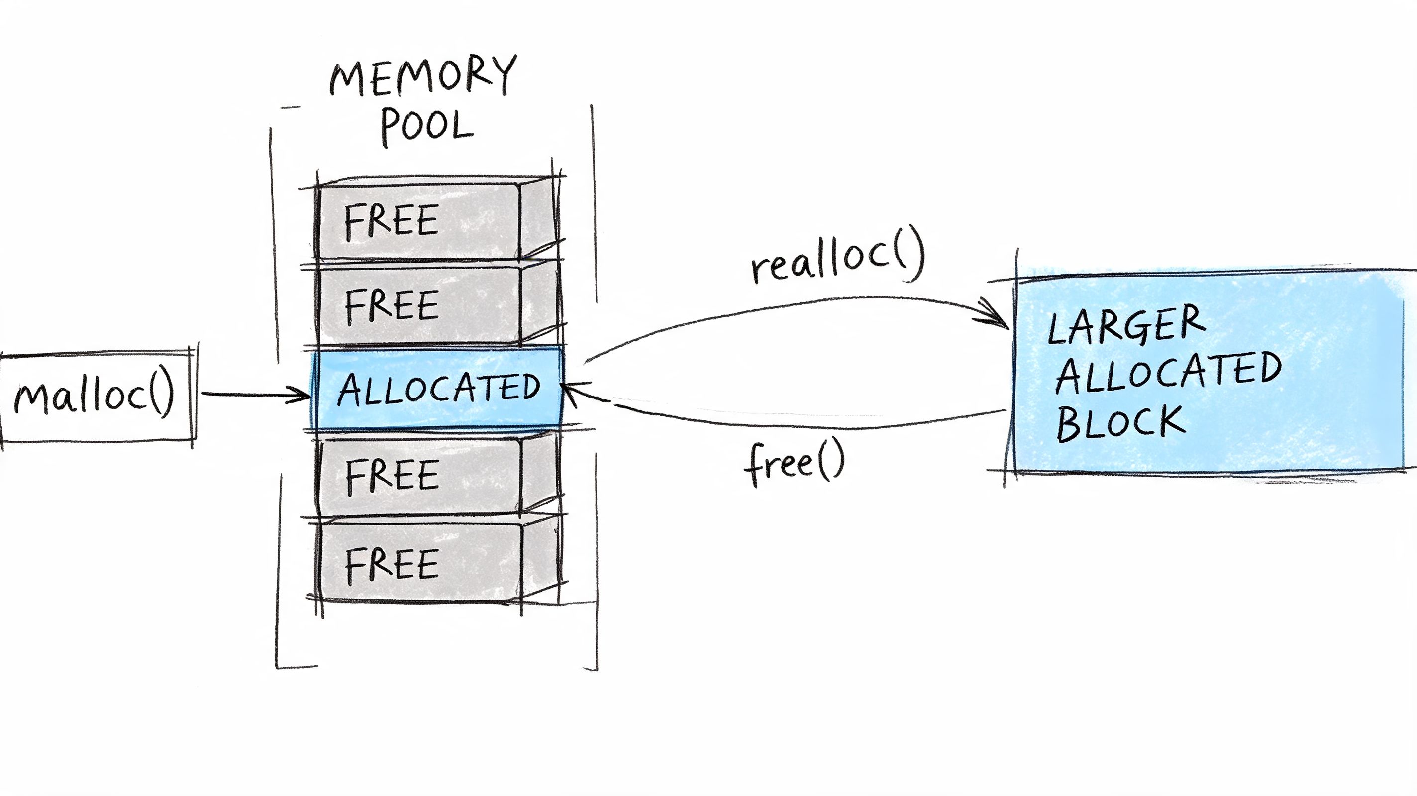 A diagram illustrating memory management functions malloc, realloc, and free within a memory pool structure.