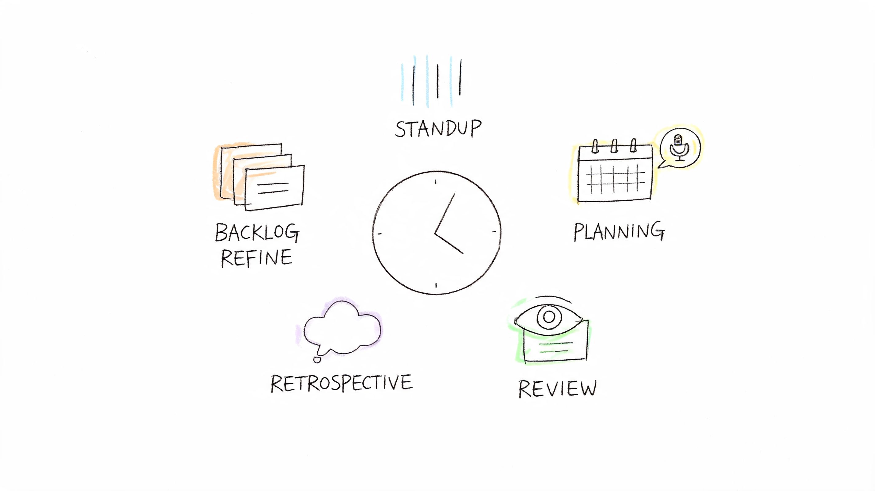 A hand-drawn illustration depicting key scrum ceremonies including standup, backlog refinement, planning, retrospective, and review.
