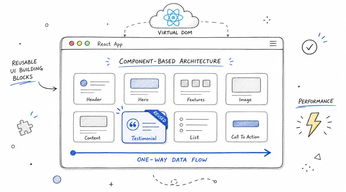 A hand-drawn illustration depicting React's component-based architecture, virtual DOM, and one-way data flow in a browser.