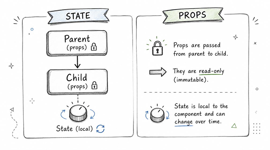 A hand-drawn diagram illustrating the differences between React state and props using simple visual icons.