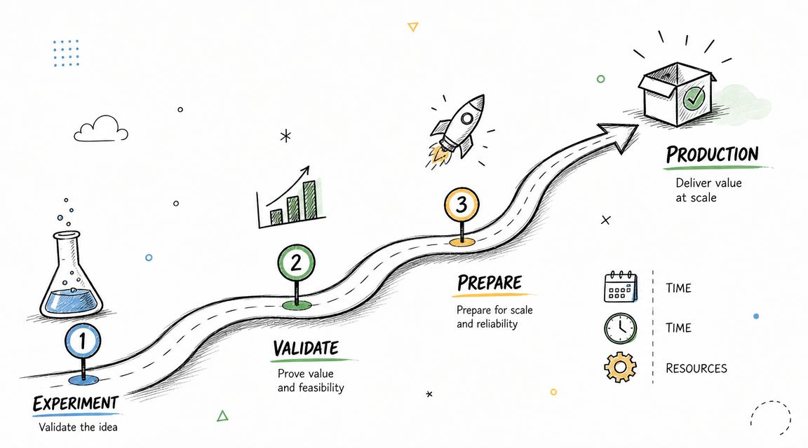 A hand-drawn illustration showing a three-step roadmap from experimentation to production for business development.
