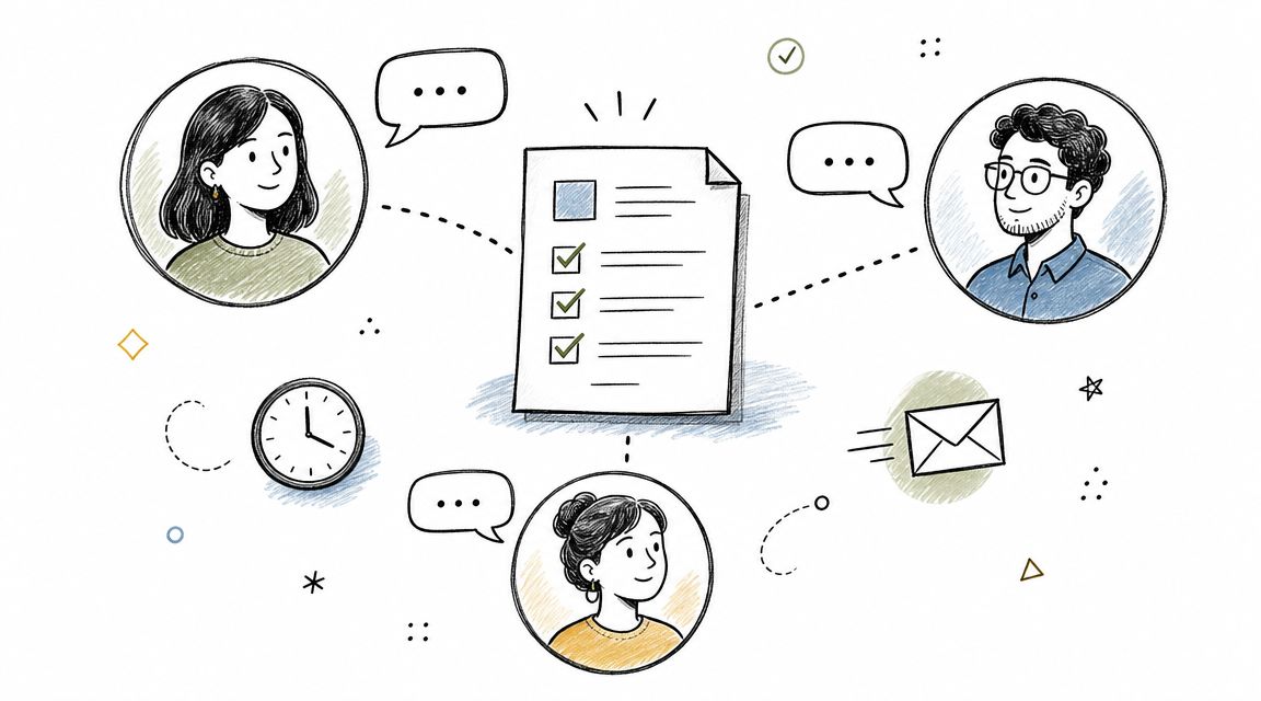 A central checklist document connected to three diverse individuals representing team collaboration and project management.
