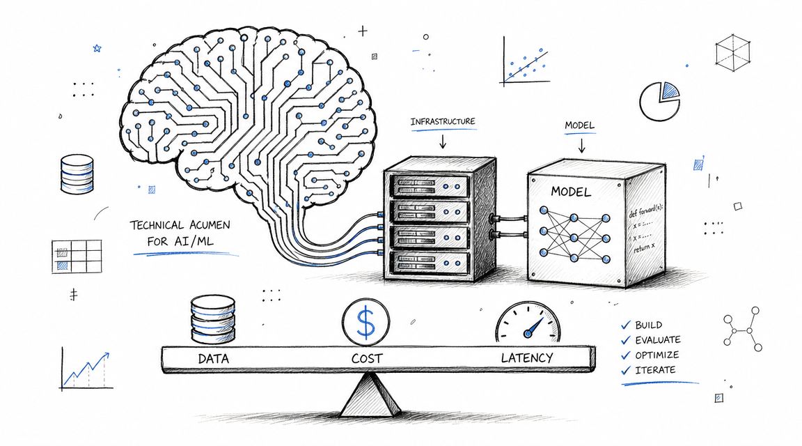 A hand-drawn illustration showing the technical components of AI and machine learning systems balanced on a scale.