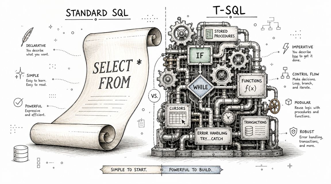 An illustration comparing standard SQL represented by a scroll versus T-SQL shown as a complex machine.