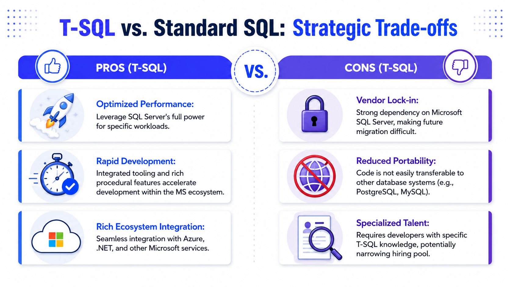 A comparison infographic detailing the pros and cons of using T-SQL versus standard SQL for database management.