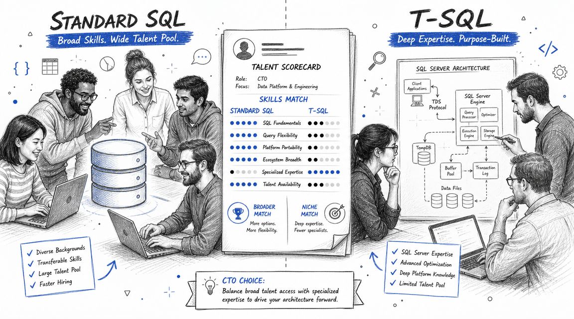 An infographic comparing Standard SQL and T-SQL, illustrating their respective talent pools, skills match, and architectural implications.