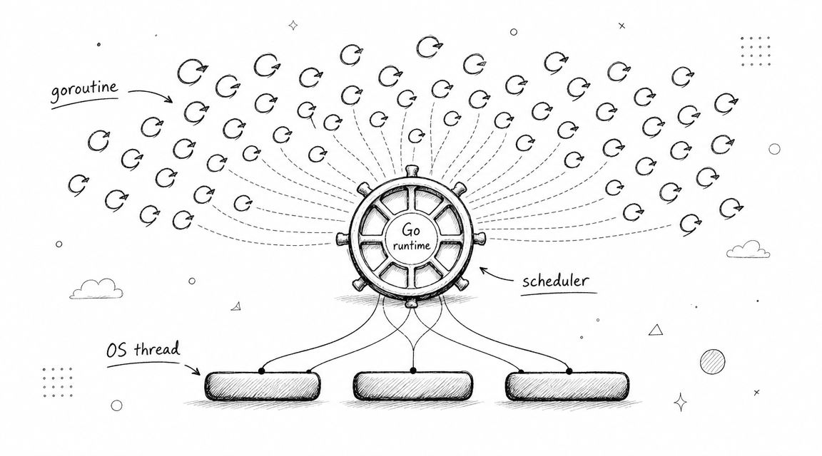 A diagram illustrating the Go runtime scheduler managing numerous goroutines and mapping them to OS threads.