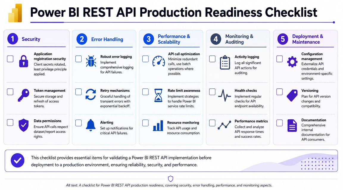 A checklist of best practices for deploying Power BI REST API solutions to a production environment.