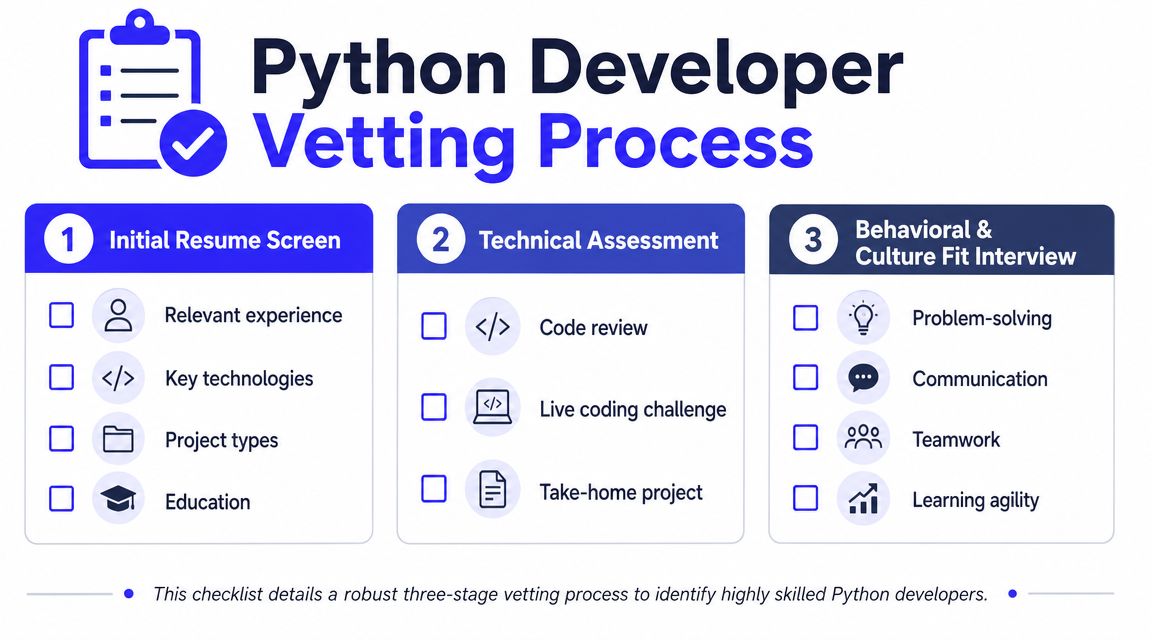 A three-step Python developer vetting process infographic outlining resume screening, technical assessment, and behavioral interviewing stages.