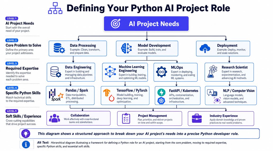 A hierarchical framework diagram guiding the definition of Python developer roles for various AI project needs.