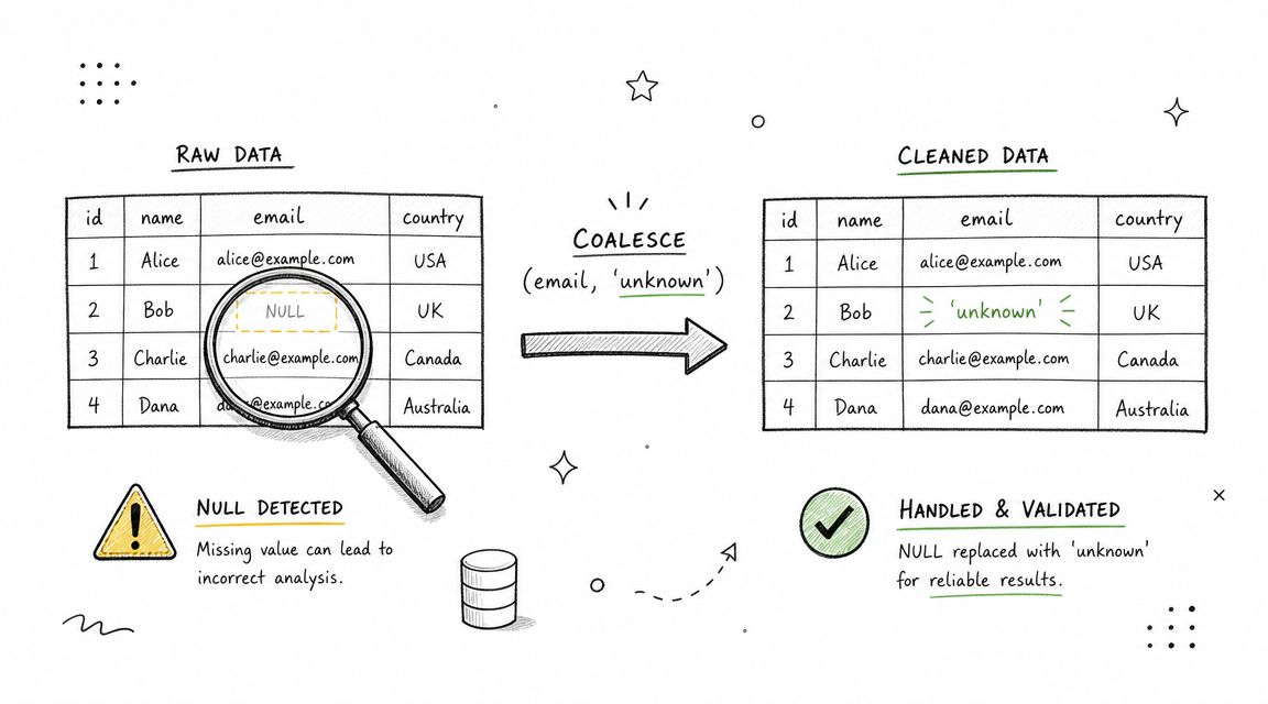 A diagram illustrating how the SQL COALESCE function replaces NULL values with unknown in a dataset.