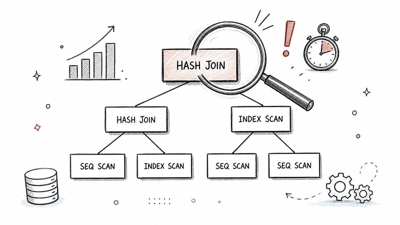 A hand-drawn illustration showing a database query execution plan tree with hash joins and index scans.