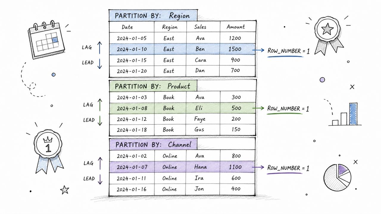 A diagram illustrating SQL window functions like LAG, LEAD, and ROW_NUMBER partitioned by region, product, and channel.