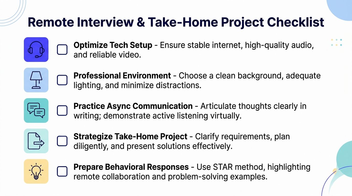 A checklist for remote interviews and take-home projects focusing on tech setup, environment, communication, and preparation.
