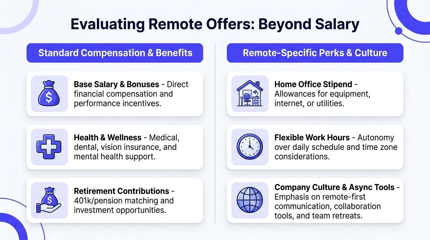A graphic showing factors to consider when evaluating remote job offers beyond salary, including benefits and perks.