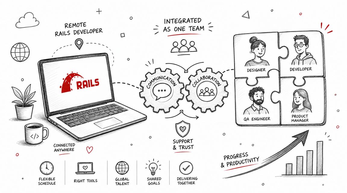 A hand-drawn illustration depicting a remote Rails developer team integrated with designers and project managers.