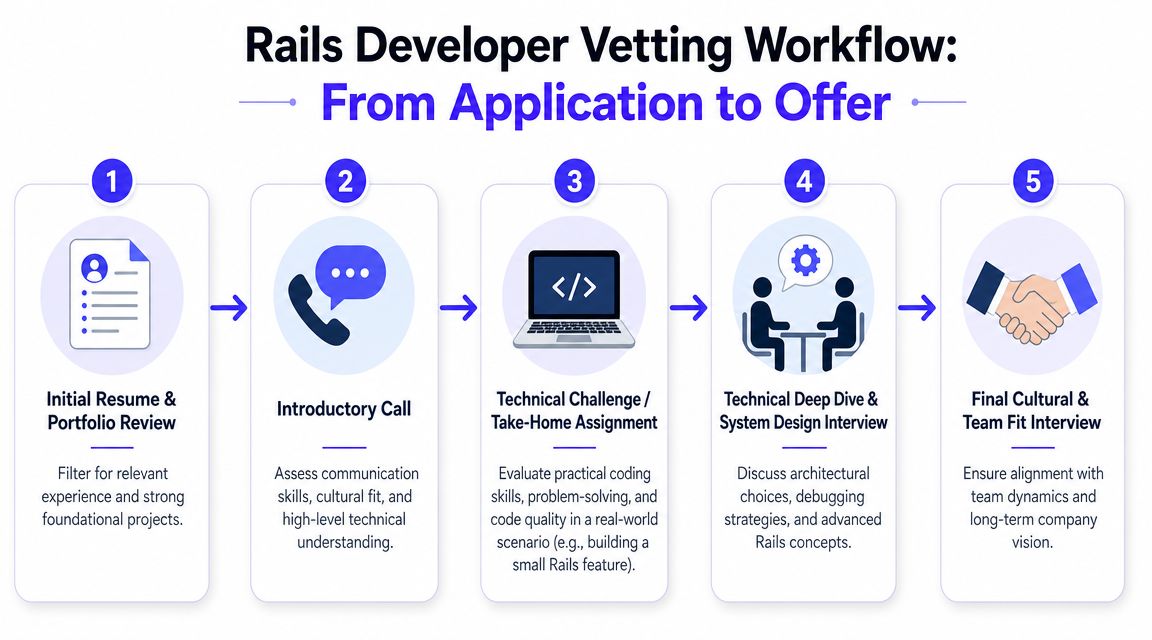 A five-step flowchart illustrating the professional vetting process for hiring a Ruby on Rails software developer.