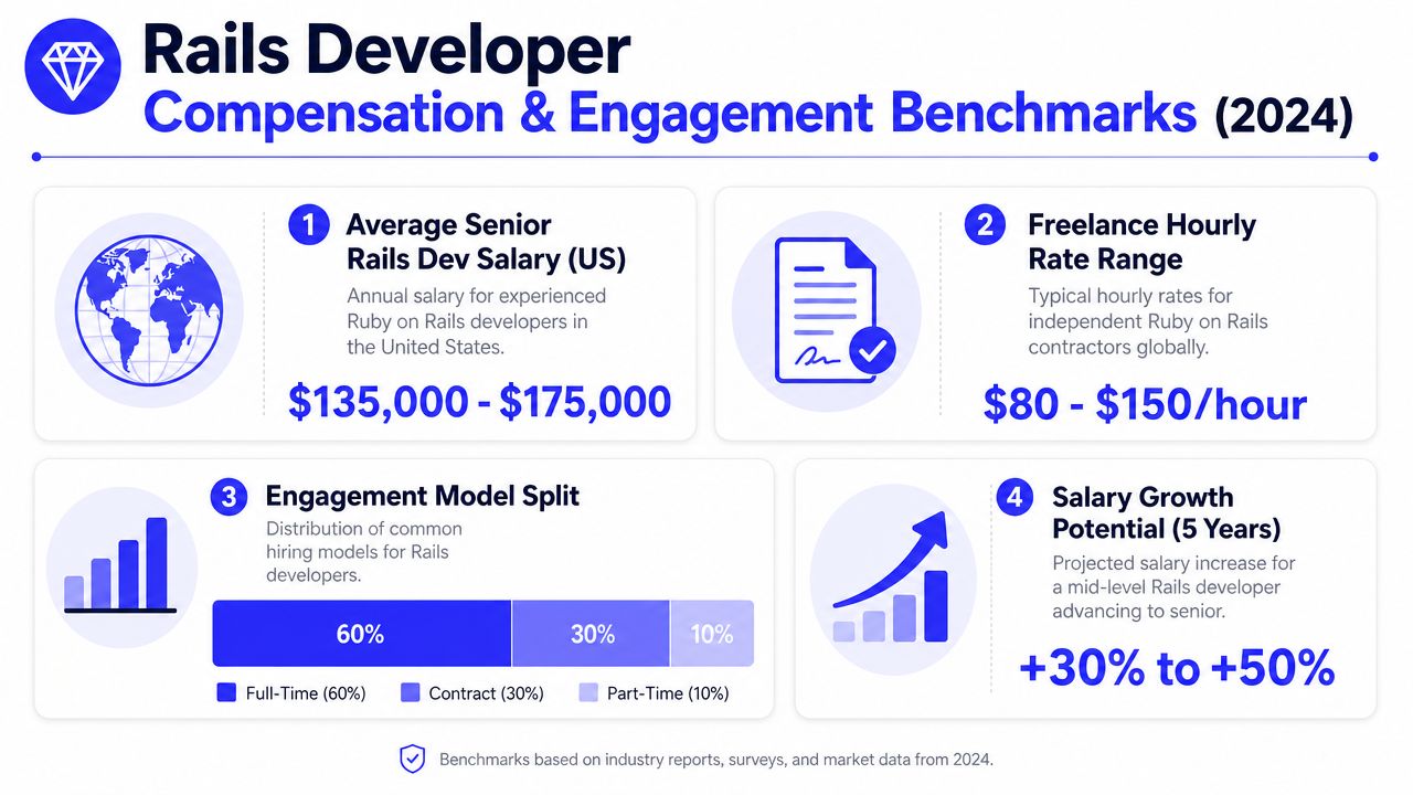 An infographic showing 2024 compensation and engagement benchmarks for professional Ruby on Rails software developers.