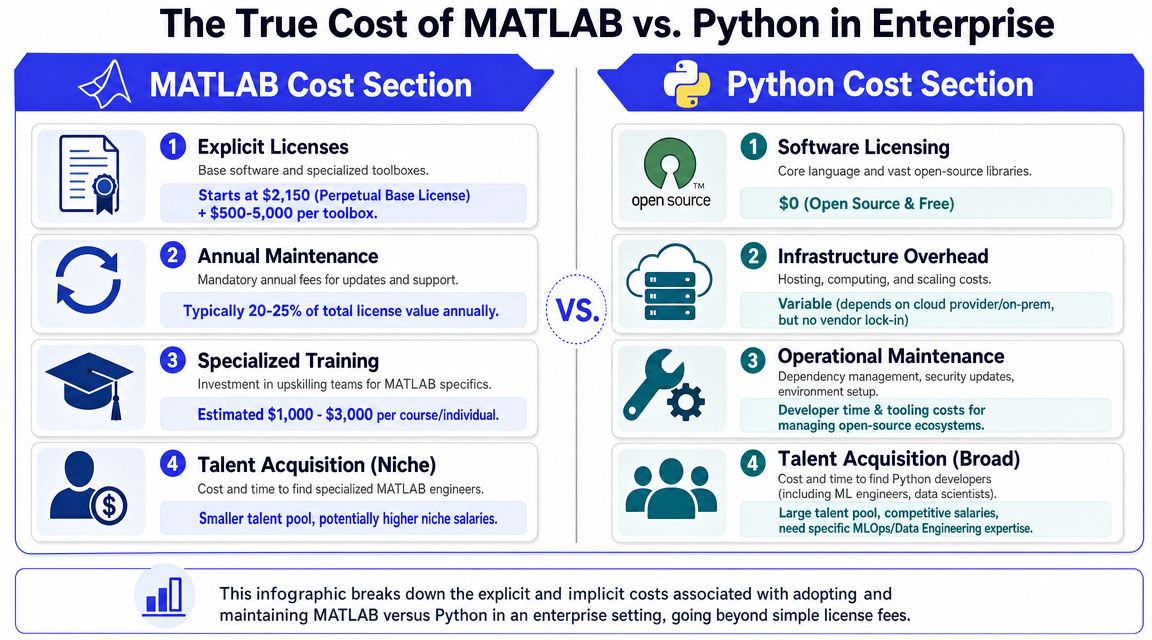 A comparison infographic detailing the enterprise costs of using MATLAB versus Python software in business environments.