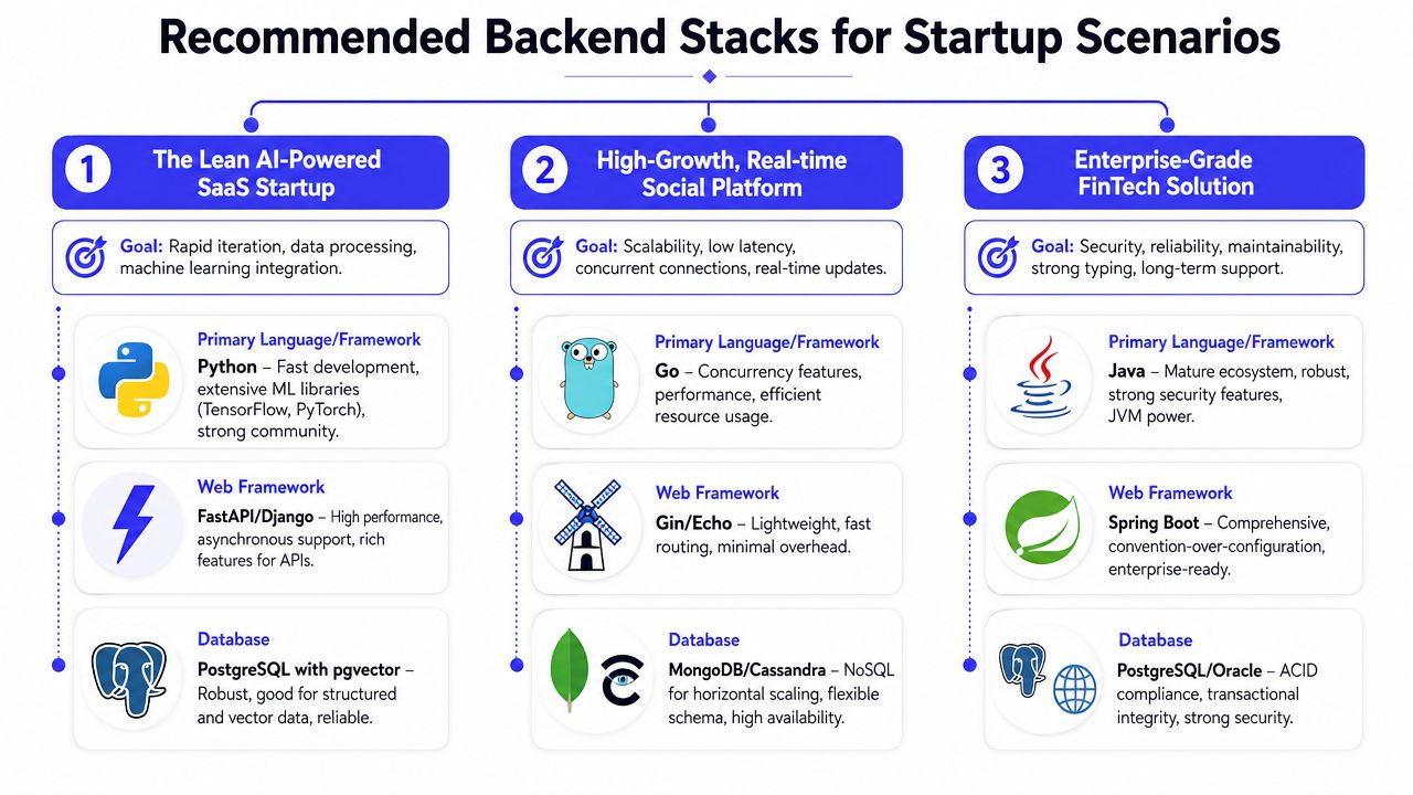 A chart showing three recommended backend development stacks for AI startups, social platforms, and enterprise fintech solutions.