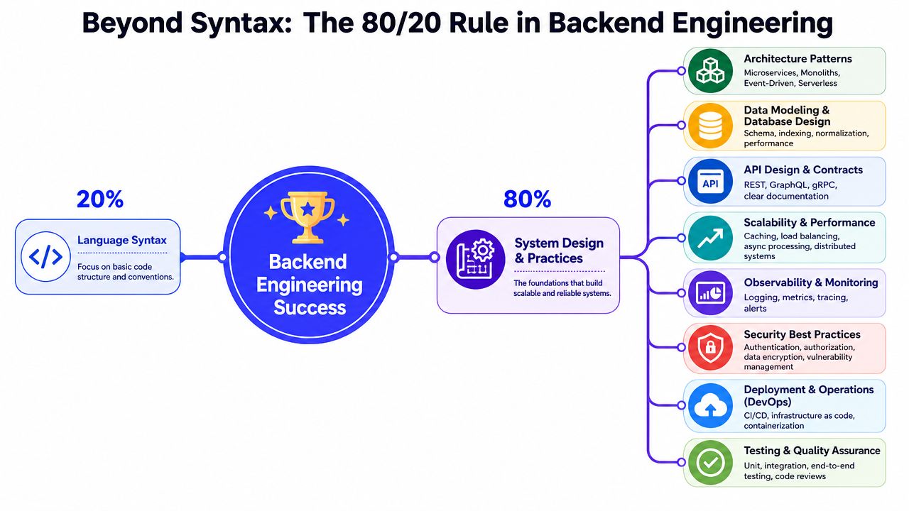 A diagram illustrating the 80/20 rule for backend engineering success, highlighting system design over language syntax.