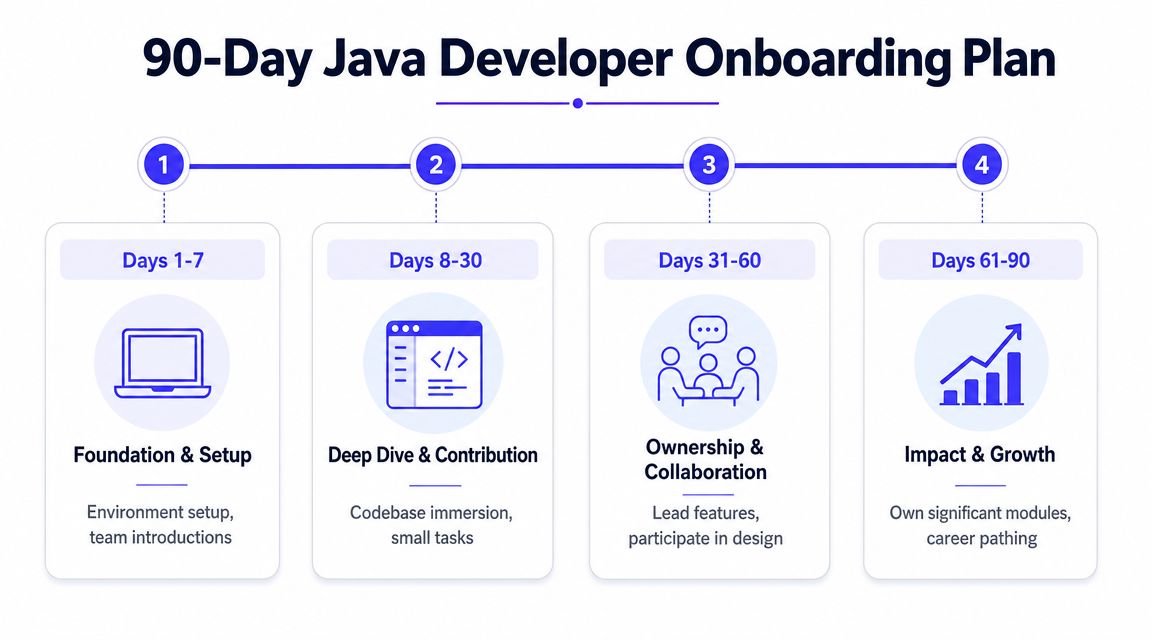 A four-stage 90-day onboarding roadmap for new Java developers, outlining key goals and milestones.
