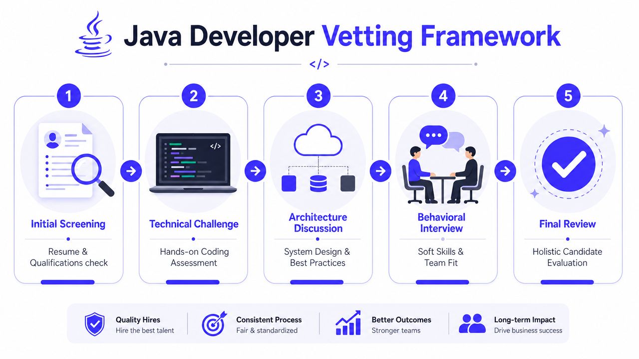 A five-step framework illustrating the process for vetting Java developers for hire and technical recruitment.