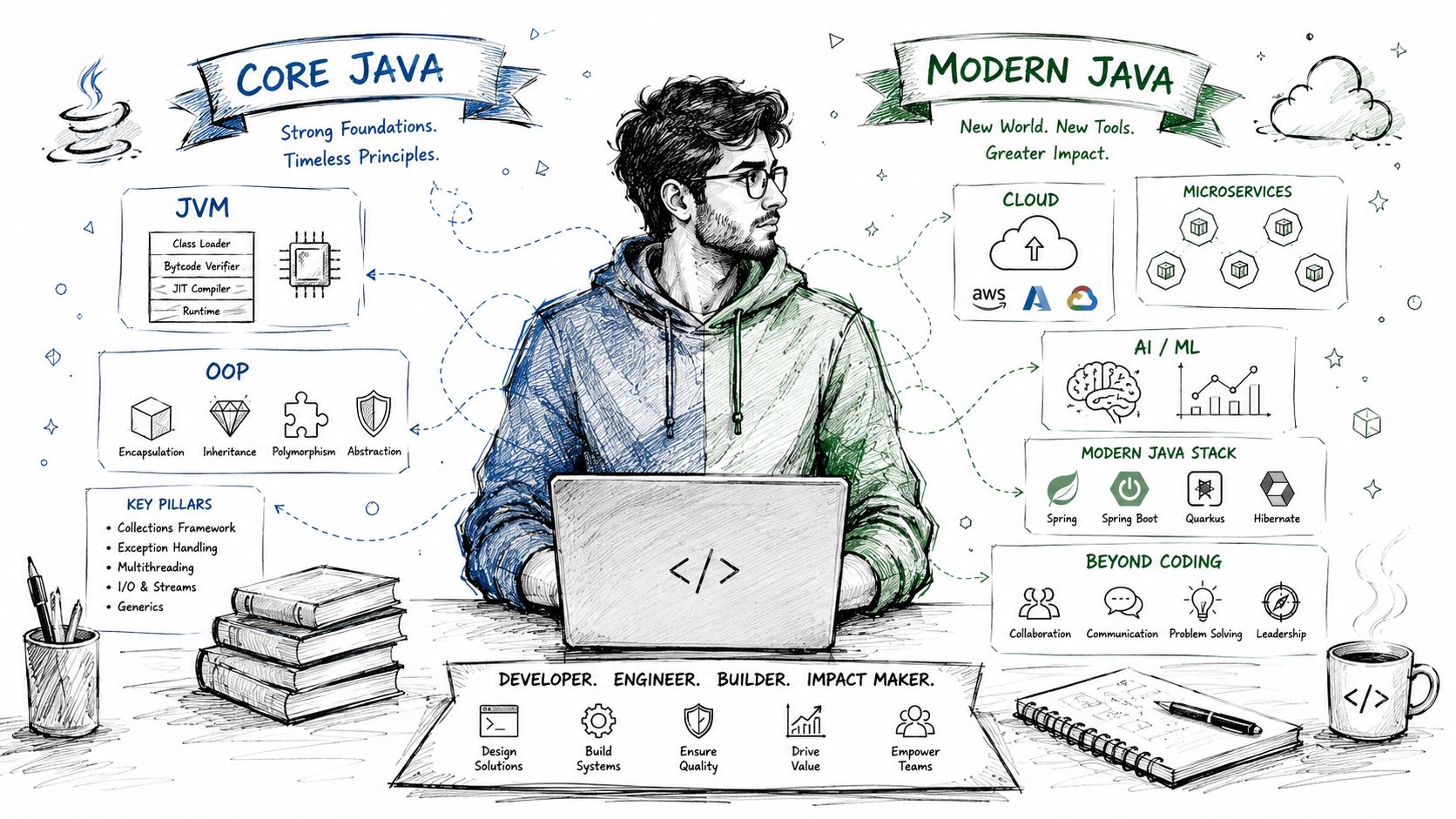 A conceptual illustration of a software developer split between core Java fundamentals and modern Java development technologies.