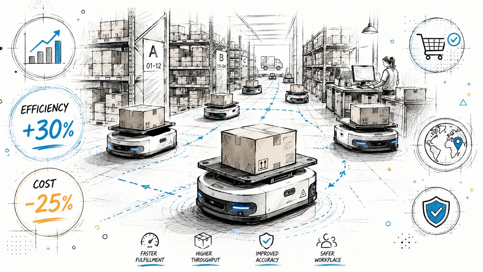 Automated warehouse logistics system featuring autonomous mobile robots transporting packages between shelves in a modern facility.