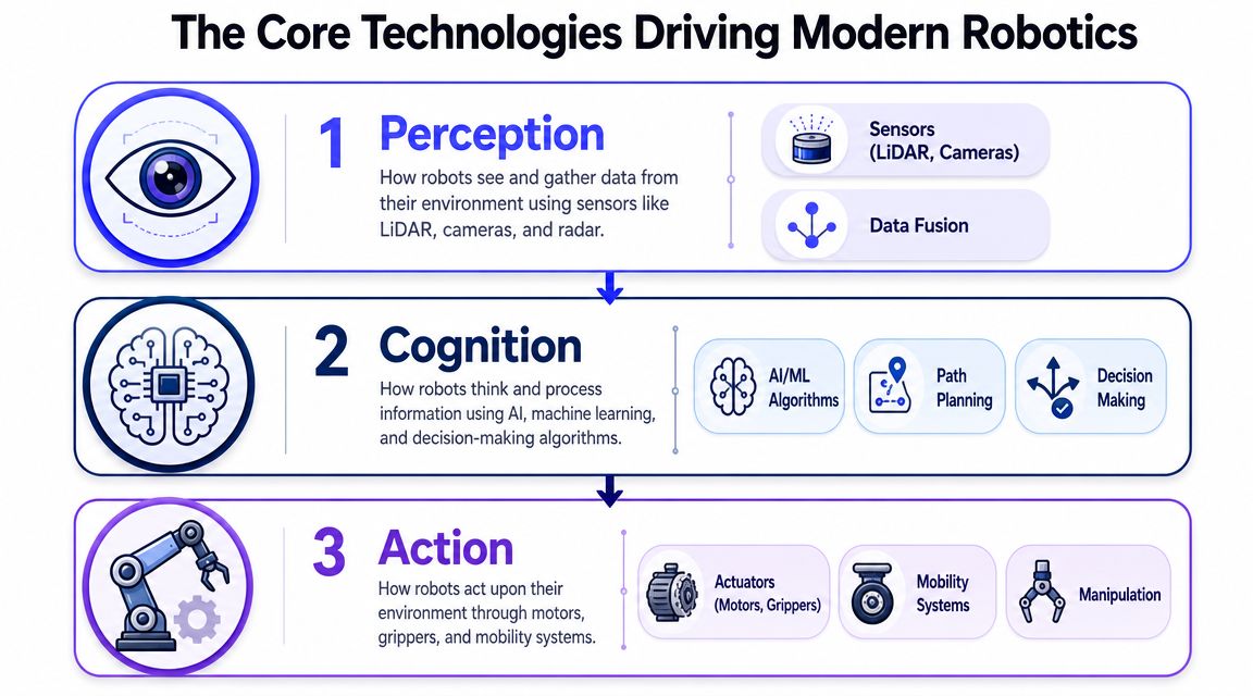 An infographic illustrating the three core technologies driving modern robotics: Perception, Cognition, and Action.