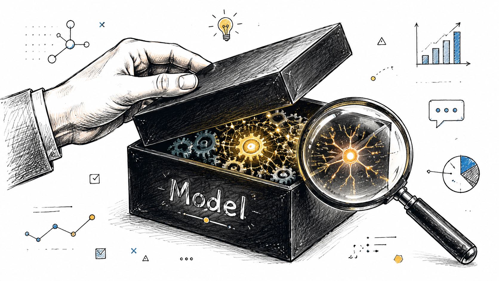 A hand opening a black box labeled Model, with gears and neural network patterns revealed under a magnifying glass.