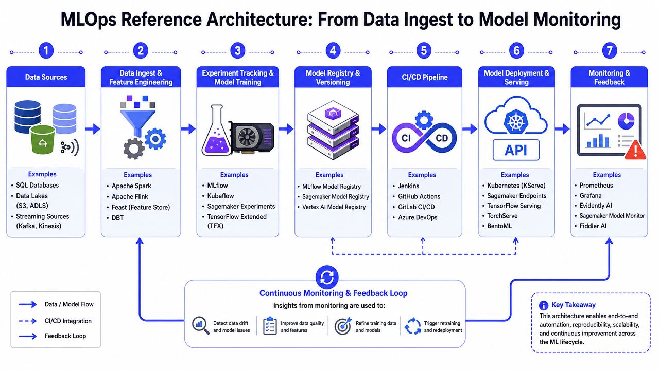 A MLOps reference architecture diagram illustrating seven sequential steps from data ingestion to continuous model monitoring.