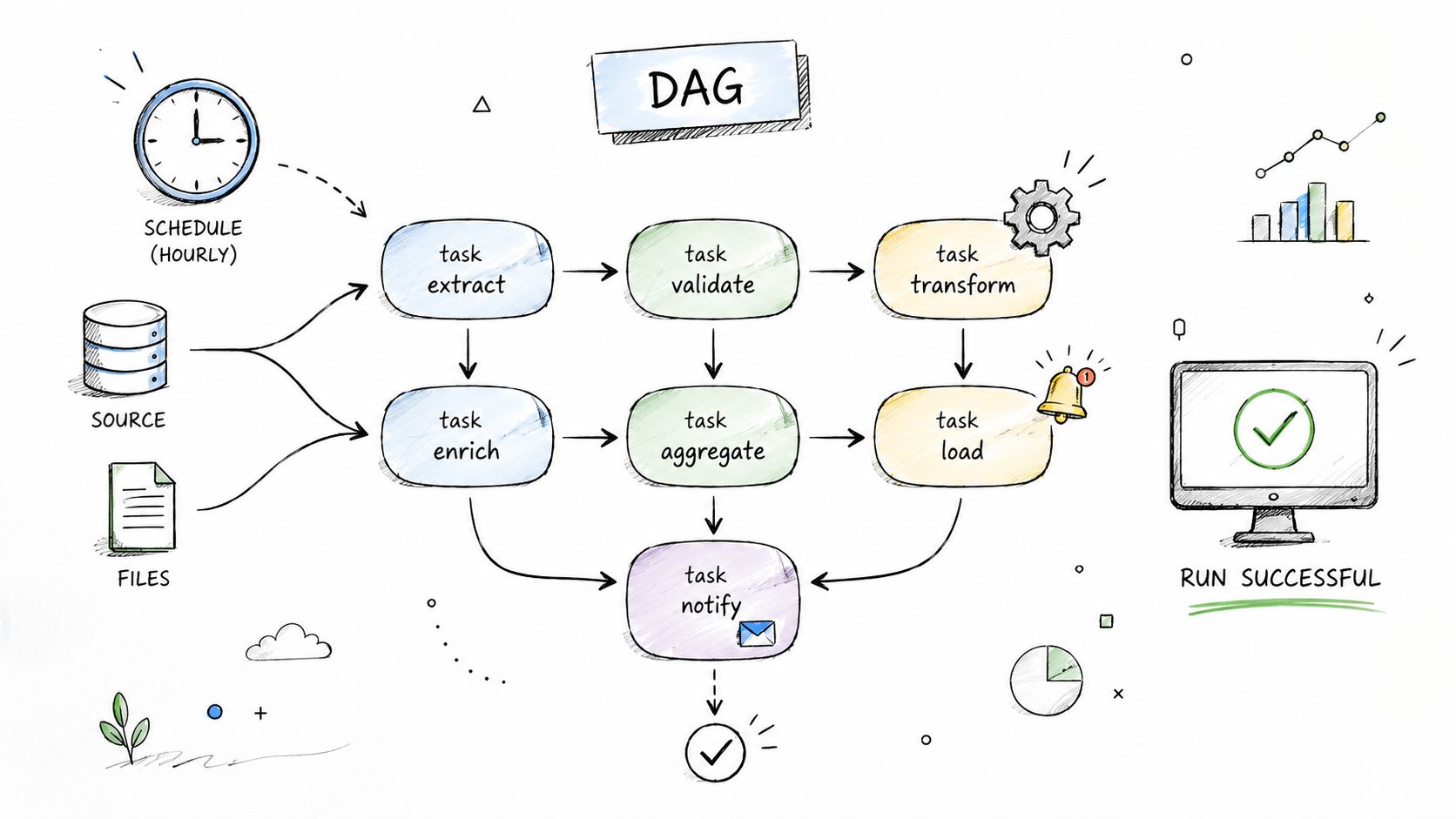 A diagram illustrating a data engineering DAG workflow with scheduling, task extraction, validation, transformation, loading, and notification.