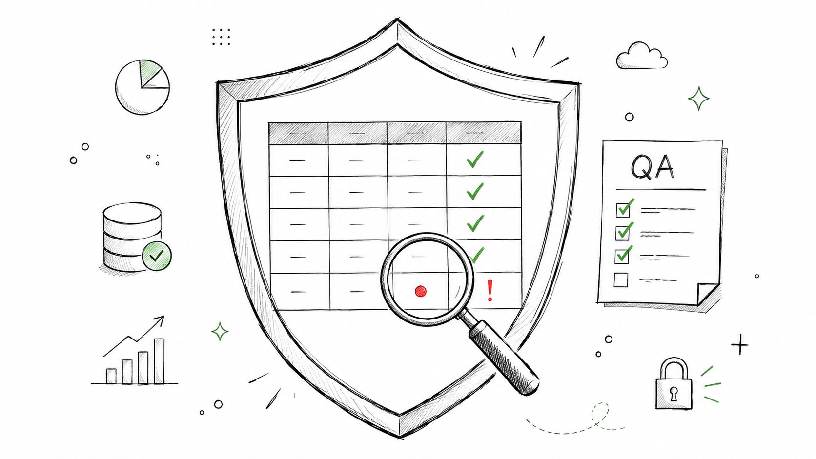 A hand-drawn illustration showing a shield containing a table with data, a magnifying glass, and QA icons.