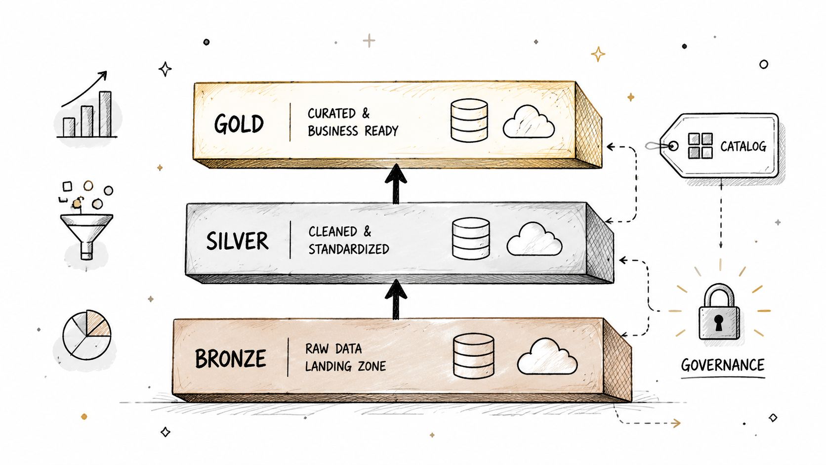 A diagram illustrating the medallion architecture for data lakehouse processing from bronze to gold layers.