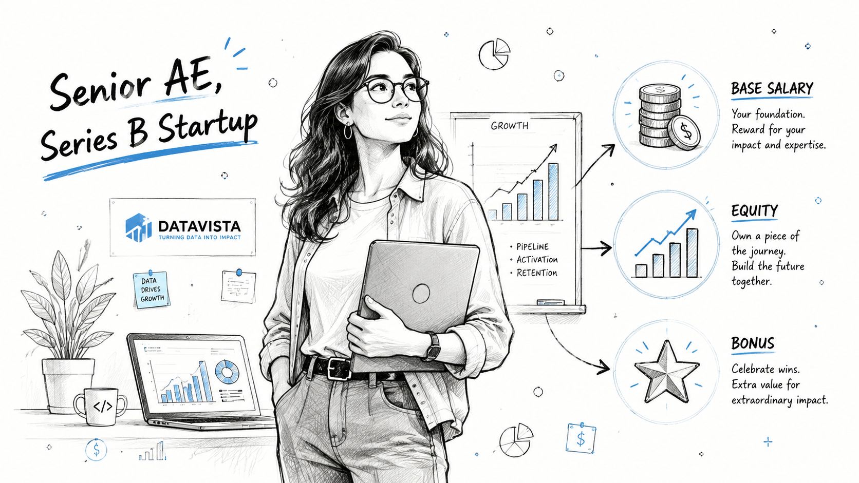 A professional illustration of a woman holding a laptop, detailing compensation components for a senior analytics engineer role.
