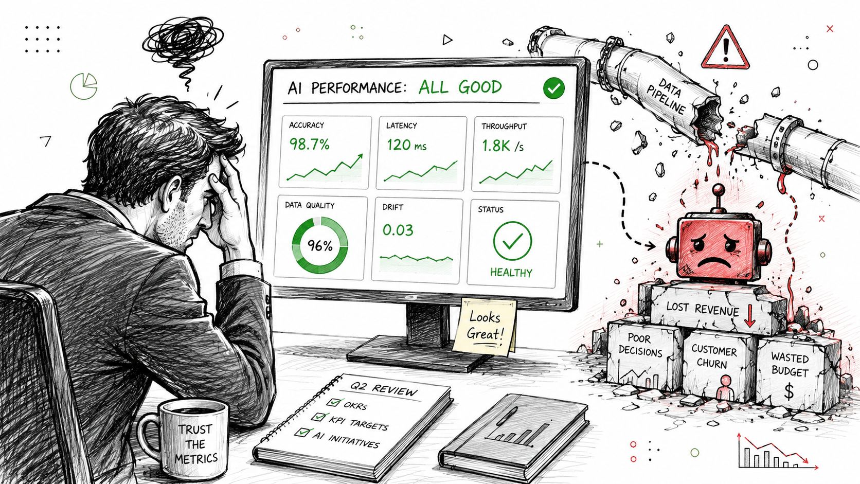 A frustrated professional views misleading AI metrics while the actual data pipeline and business outcomes fail.