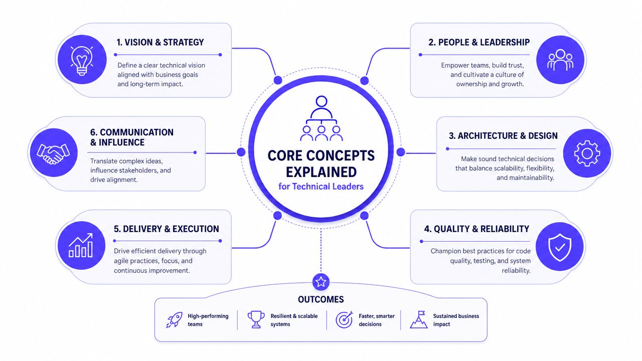 A diagram outlining core concepts for technical leaders, including vision, leadership, architecture, quality, delivery, and communication.
