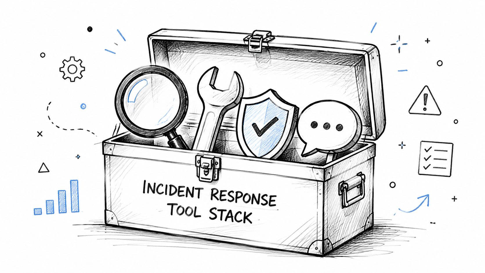 A sketched illustration of an open toolbox labeled Incident Response Tool Stack, containing various diagnostic and protective icons.